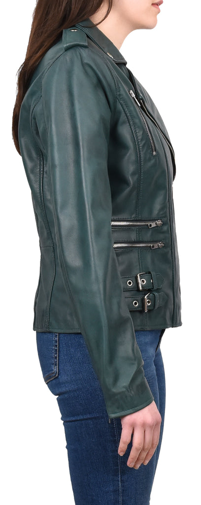 DR195 Women’s Trendy Biker Leather Jacket Teal 5