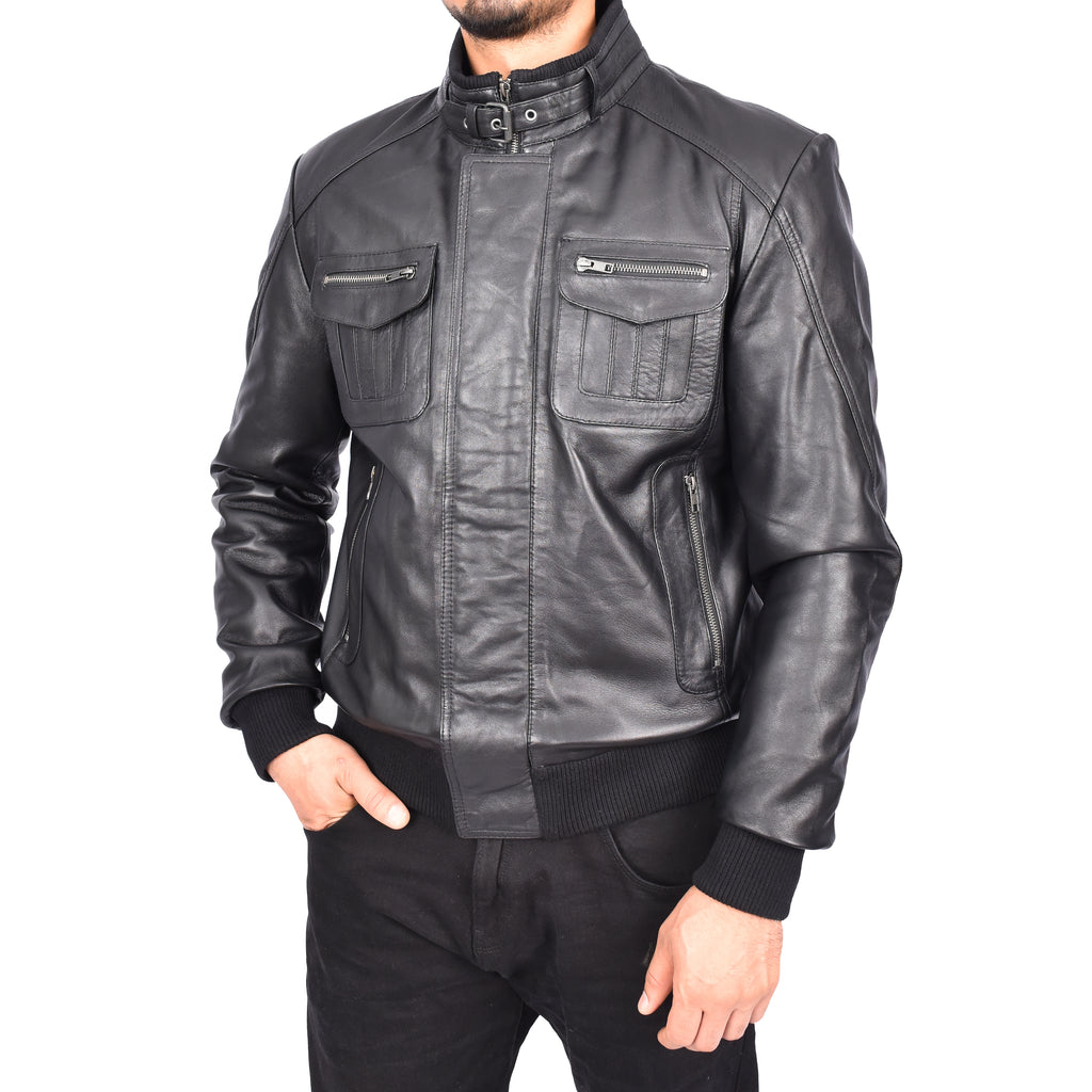 Men's Bomber Style Real Leather Jacket Black Boden-5