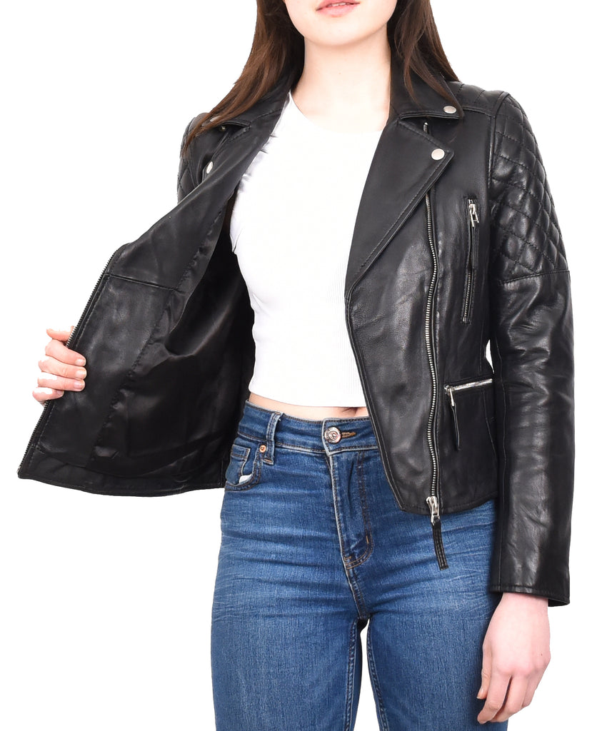 DR246 Women's Real Leather X-Zip Biker Style Jacket Black 12