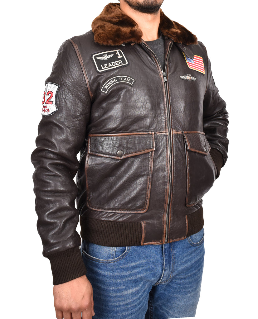 DR535 Men's Genuine Leather G-1 Airforce Badges Bomber Jacket Brown 5