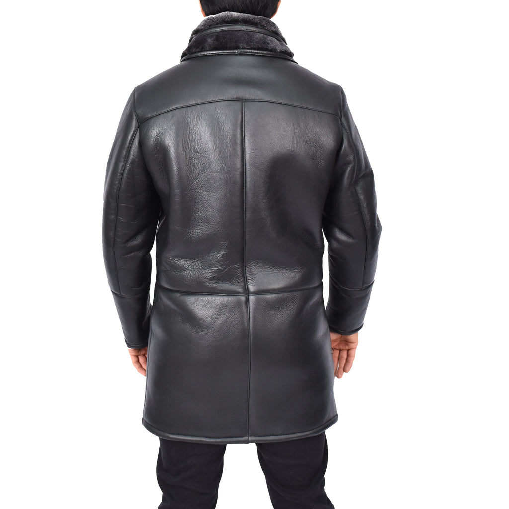 Mens Retro ¾ Length Long Real Shearling Sheepskin Coat Winter Warm Bastian Black-2