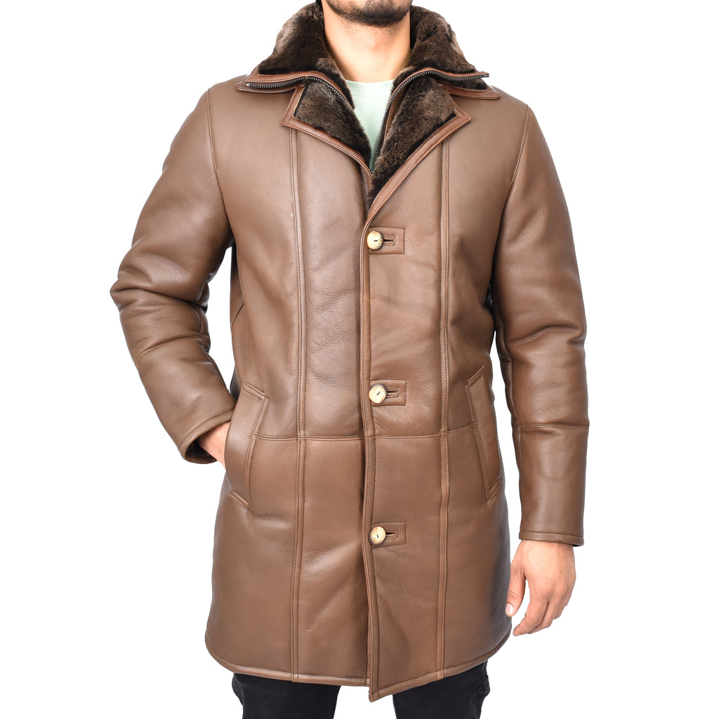 Mens Retro ¾ Length Long Real Shearling Sheepskin Coat Winter Warm Bastian Brown-1