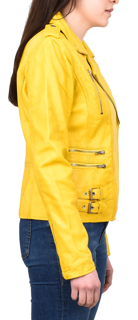 DR195 Women’s Trendy Biker Leather Jacket Yellow Vintage 5