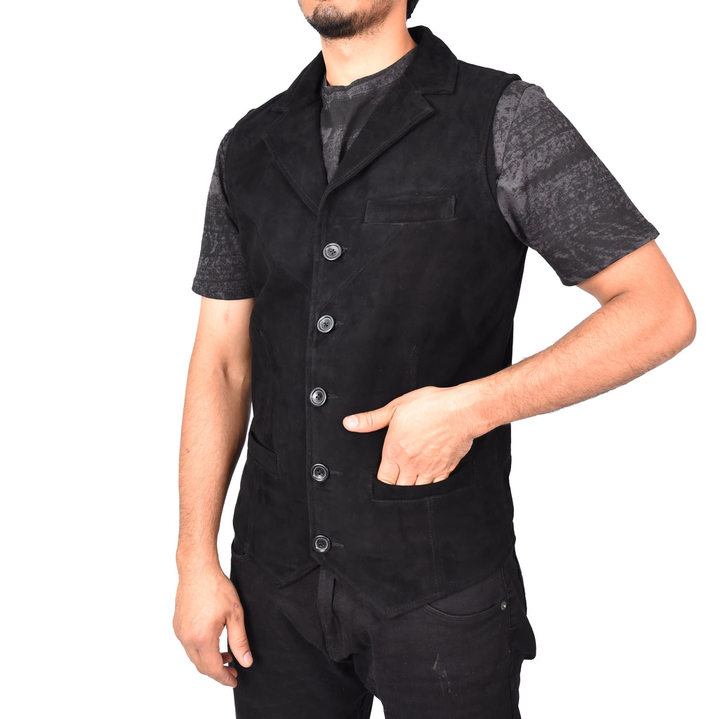 Men's Blazer Style Suede Leather Waistcoat Gents Vests Black Howie-5