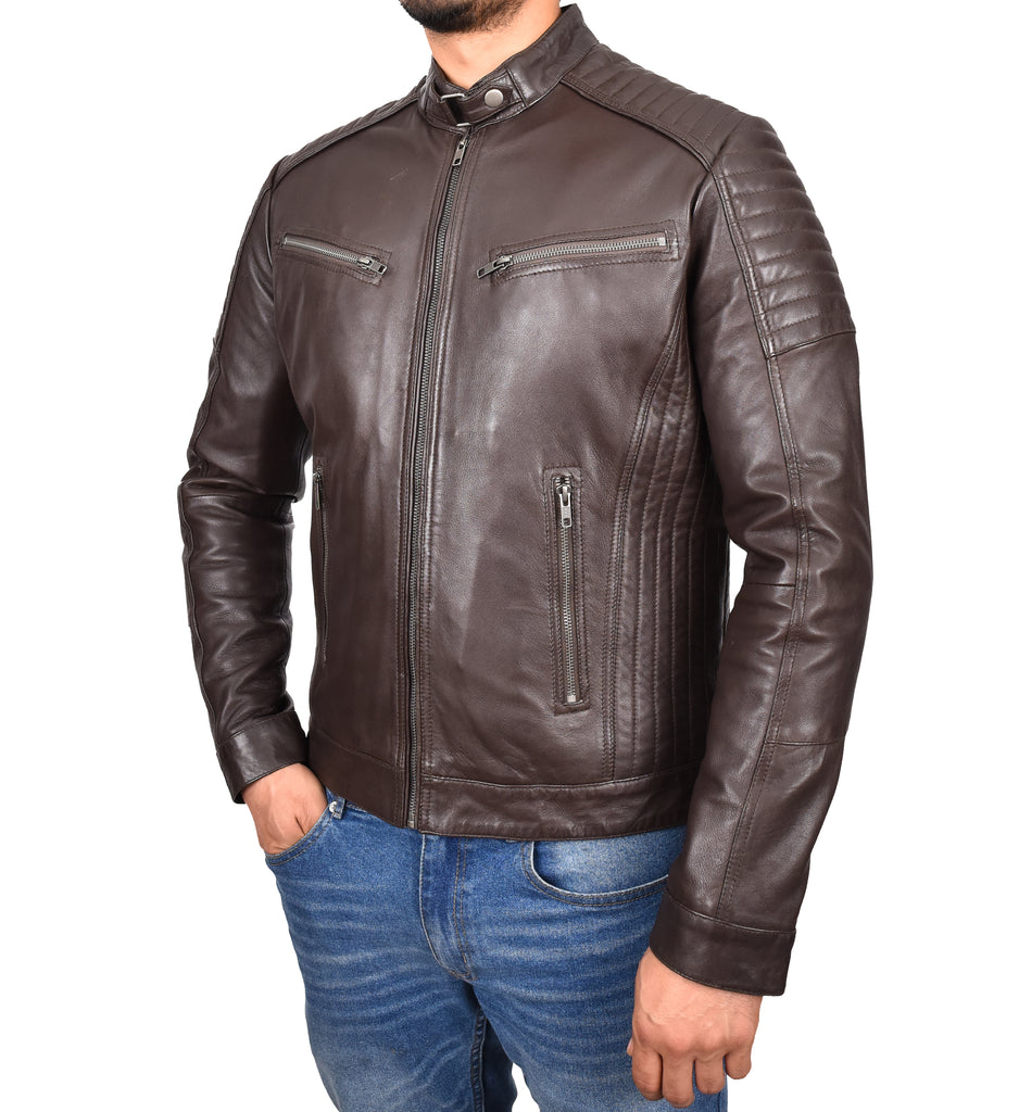 DR101 Men's Leather Cafe Racer Biker Jacket Brown 5