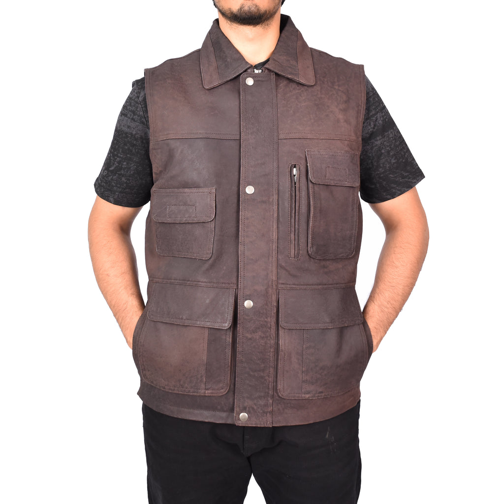 Men's Camping Gilet Fisherman Nubuck Leather Waistcoat Brown Davin 5