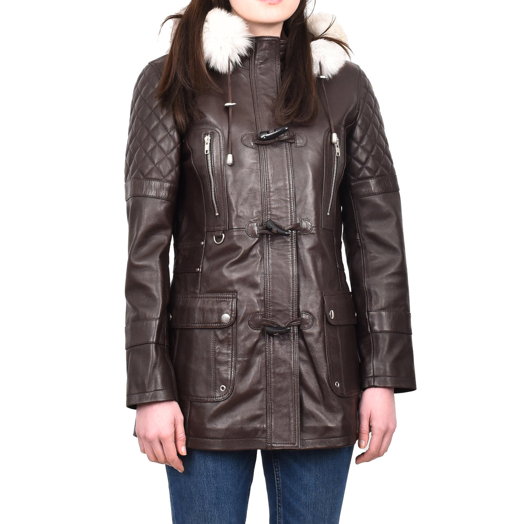 Women's Original Detachable Hoodie Duffel Leather Coat Brown Velvetine-1