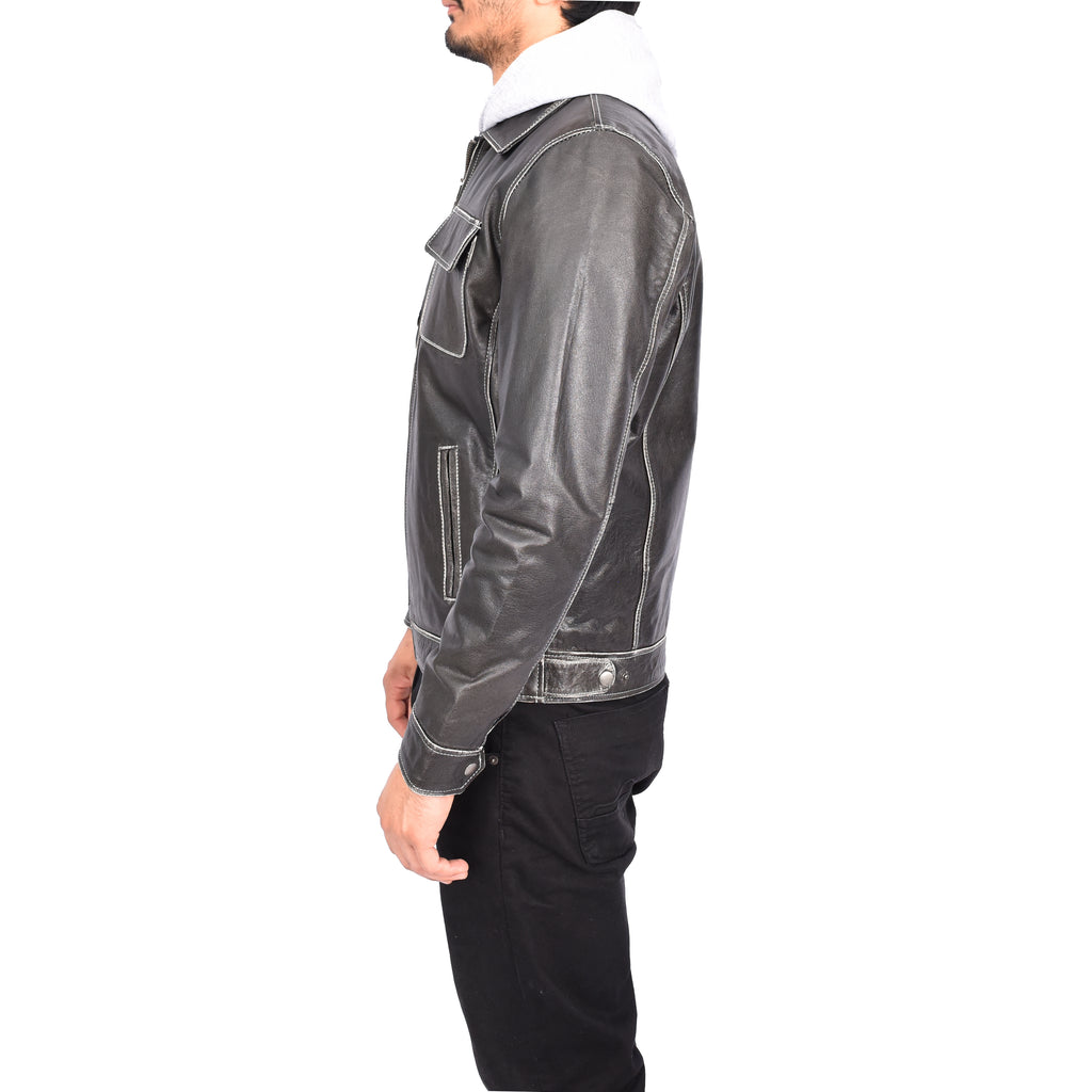 Men's Detachable Hood Biker Real Leather Jacket Kelby Grey-5