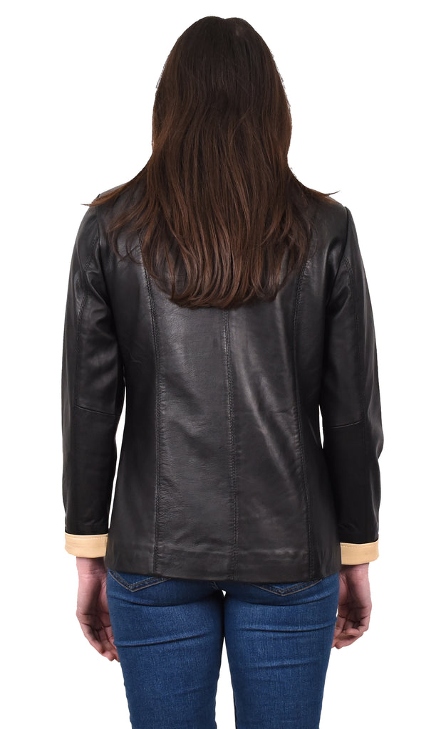 DR272 Women’s Soft Leather Blazer Beige Black 4
