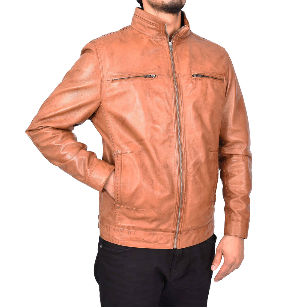 Men's Classic Biker Real Leather Jacket Tan Erland-5