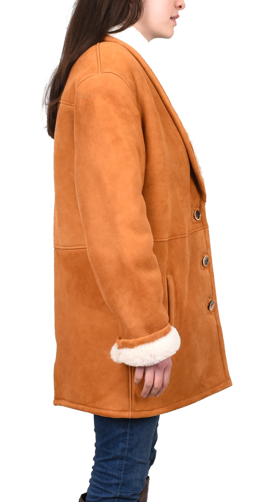 DR595 Women's Soft Sheepskin Mid Length Coat With Fur Collar Cognac 5