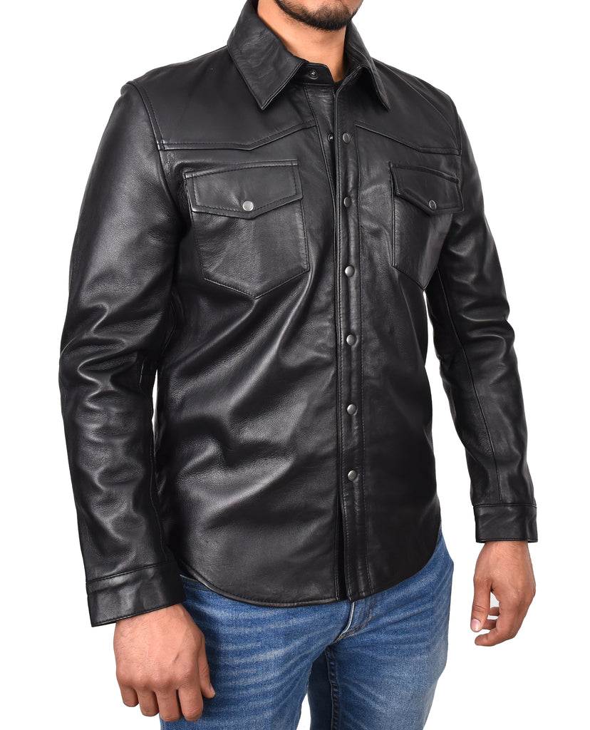 DR548 Men's Classic Leather Trucker Style Shirt Black 5