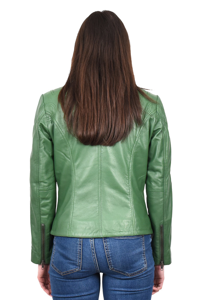 DR200 Ladies Classic Casual Biker Leather Jacket Green 4