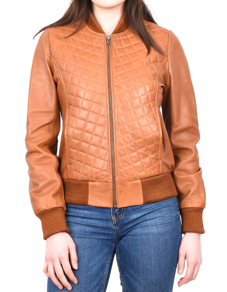 DR211 Women's Quilted Retro 70s 80s Bomber Jacket Tan 5