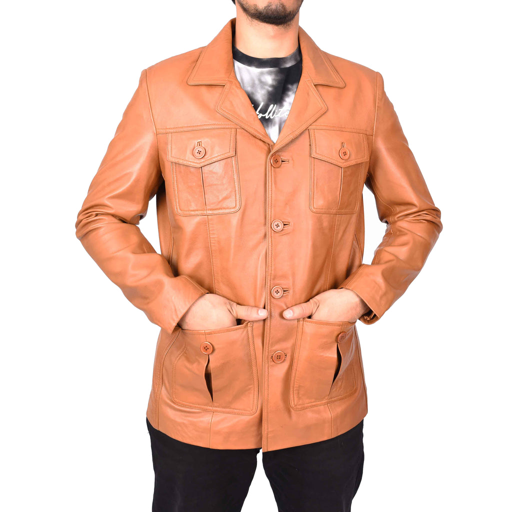 Men's Classic Safari Genuine Leather Jacket Tan Kaspar-5