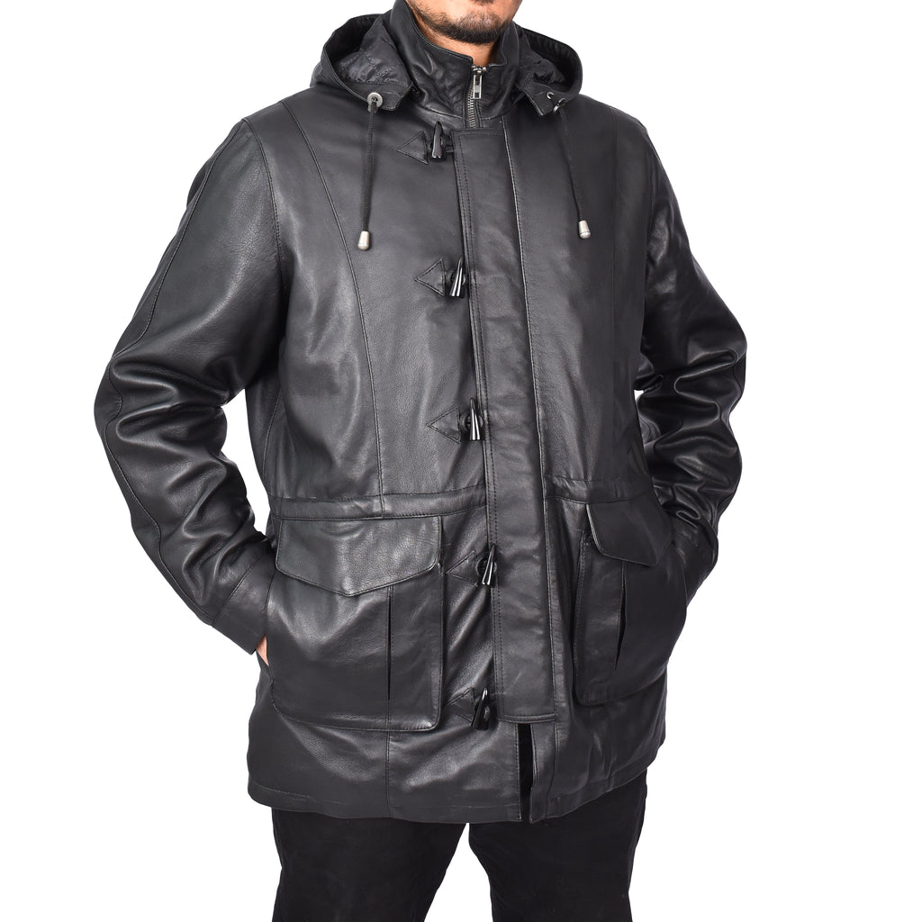 Men's Real Leather Detachable Hood Parka Coat Gents Jacket Black Borge-5