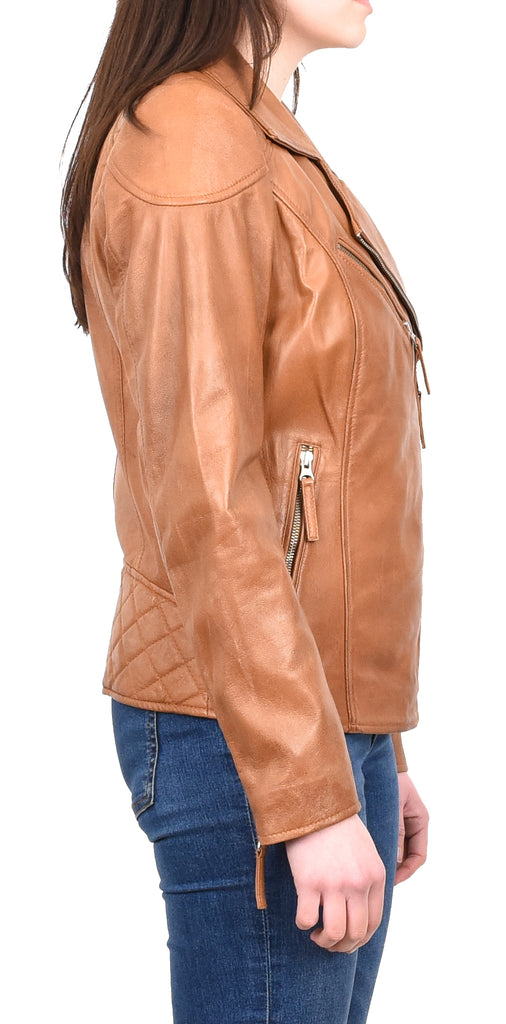 DR570 Women's Cross Zip Pocketed Real Leather Biker Jacket Tan 5