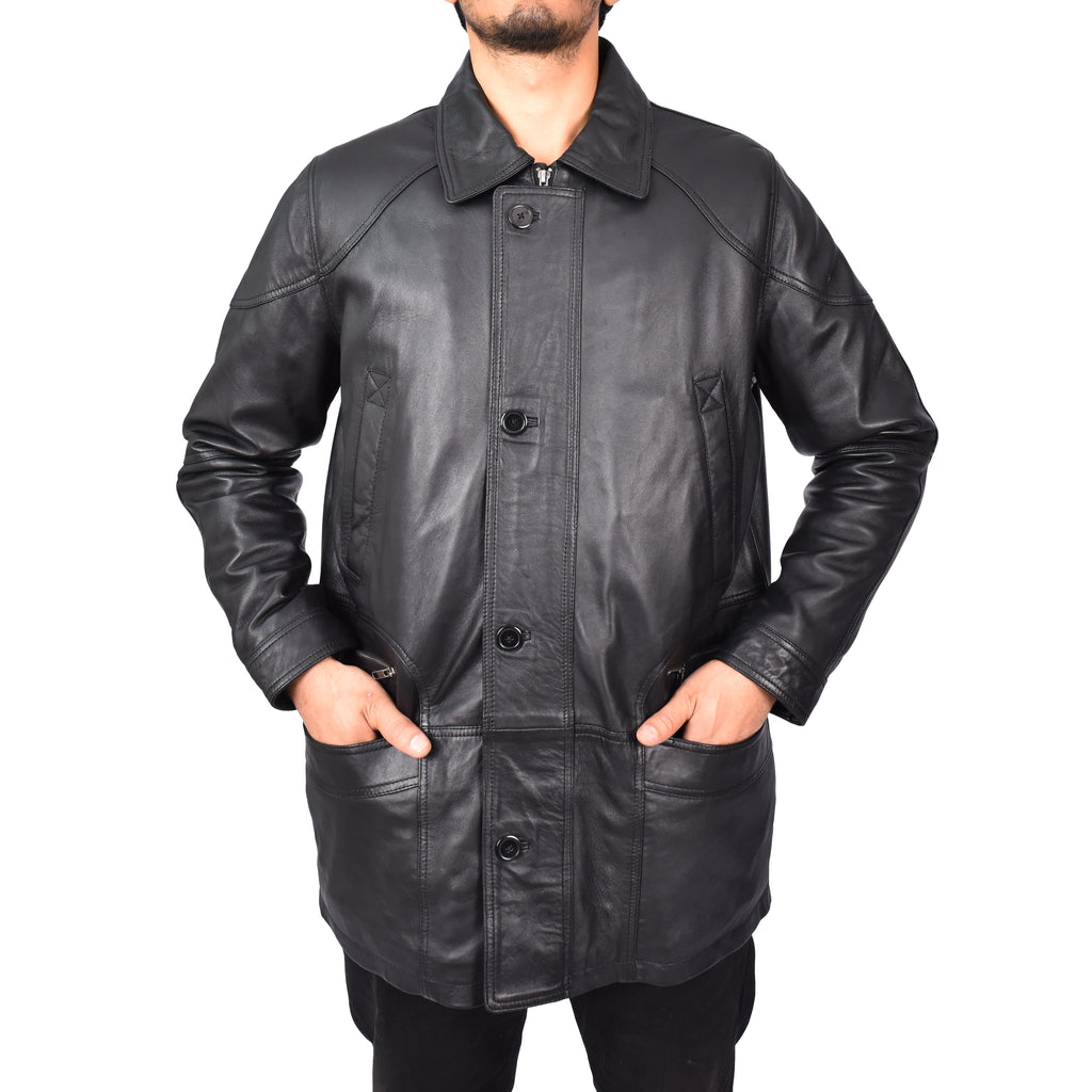 Men’s Genuine Leather Parka Overcoat Gents Car Coat Black Aric-5