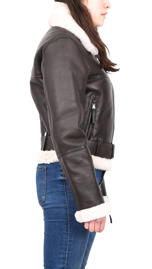 DR228 Women's Retro Sheepskin Leather Jacket Short Brown 5