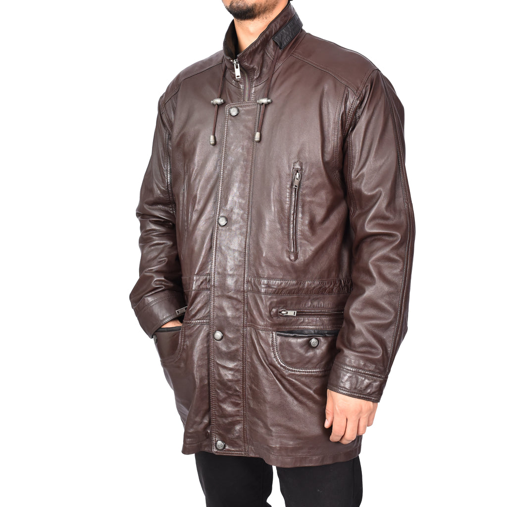 Gent's Classic Real Leather Coat Mens Parka Style Jacket Brown Carlsen-5