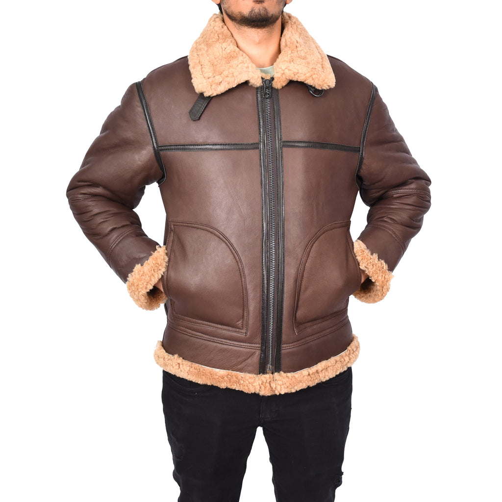 Mens Retro B3 Real Shearling Sheepskin Aviator Flying Jacket Ender Brown-5