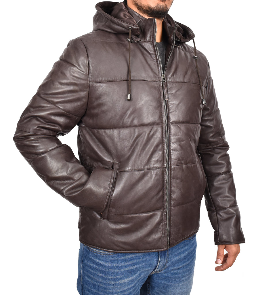 DR188 Men's Leather Hooded Puffer Jacket Brown 5