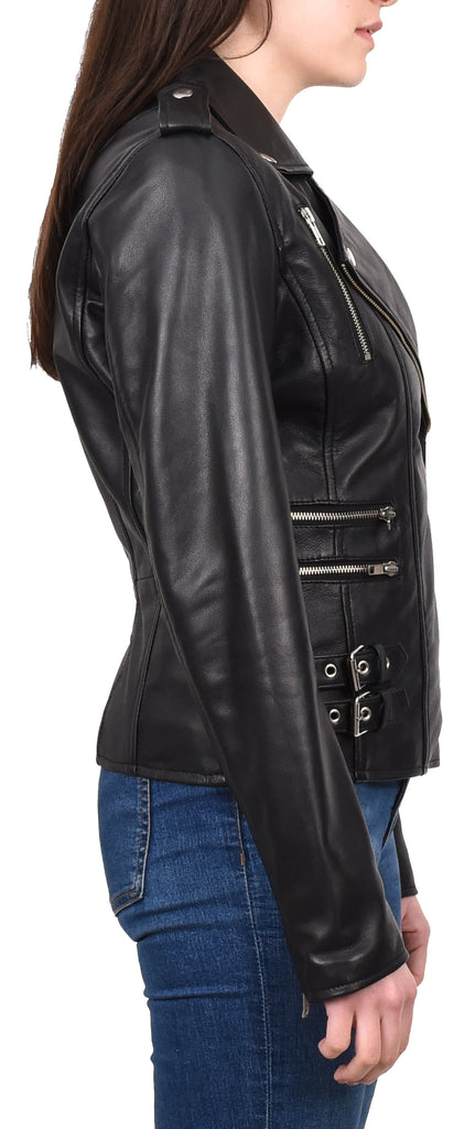 DR195 Women’s Trendy Biker Leather Jacket Black 5