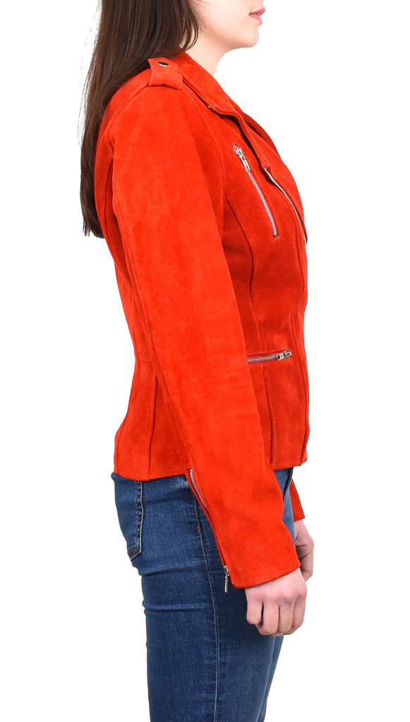 DR217 Women's Hardrock Biker Chich Leather Jacket Red Suede 5