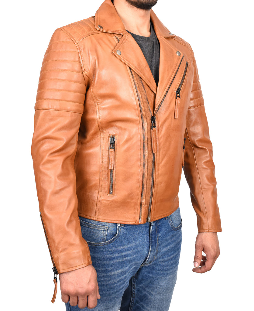 DR145 Men's Quilted Biker Leather Jacket Tan 5