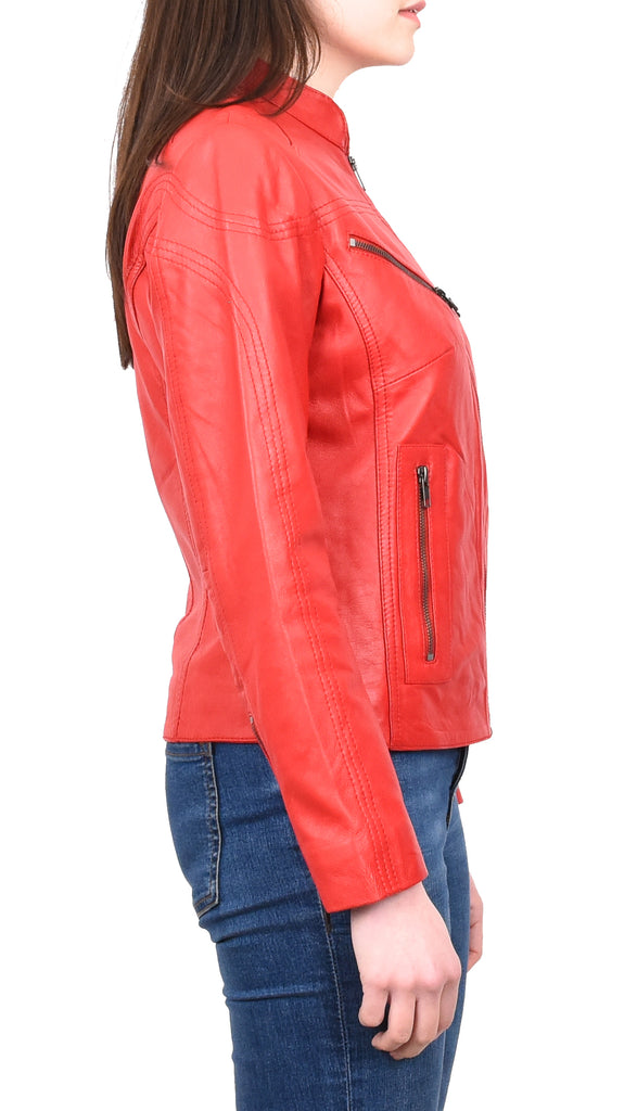 DR200 Ladies Classic Casual Biker Leather Jacket Red 5