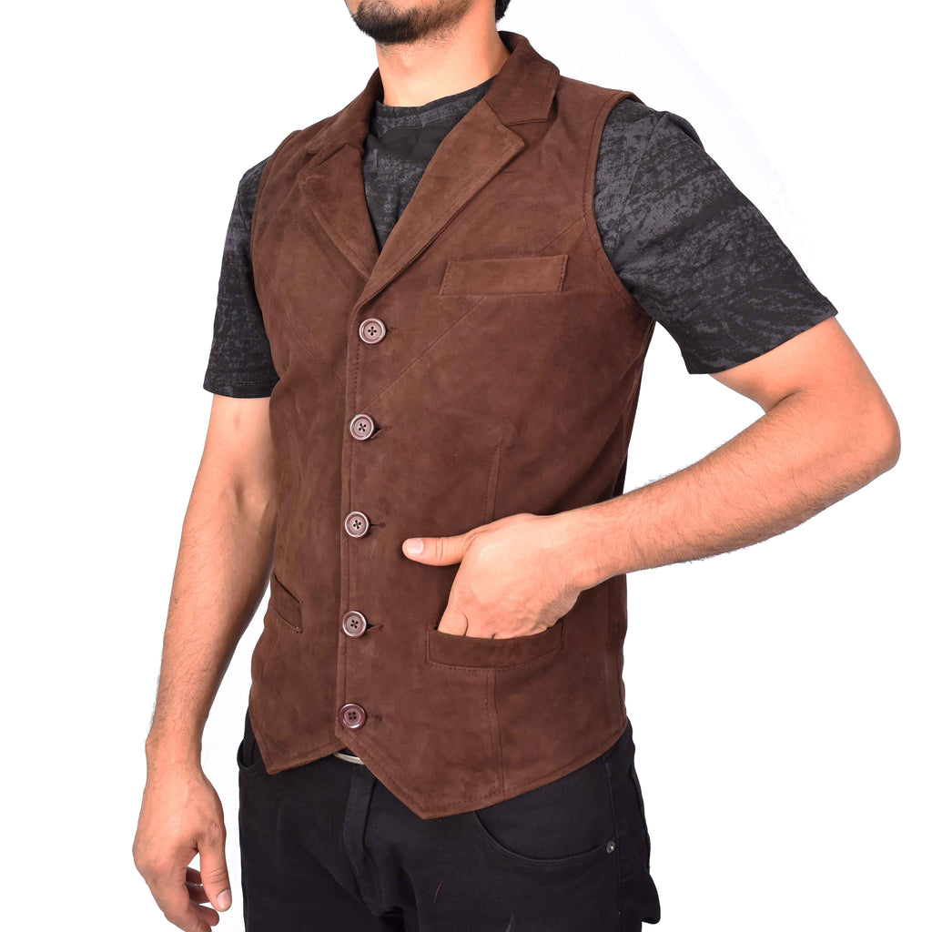 Men's Blazer Style Suede Leather Waistcoat Gents Vests Brown Howie-5