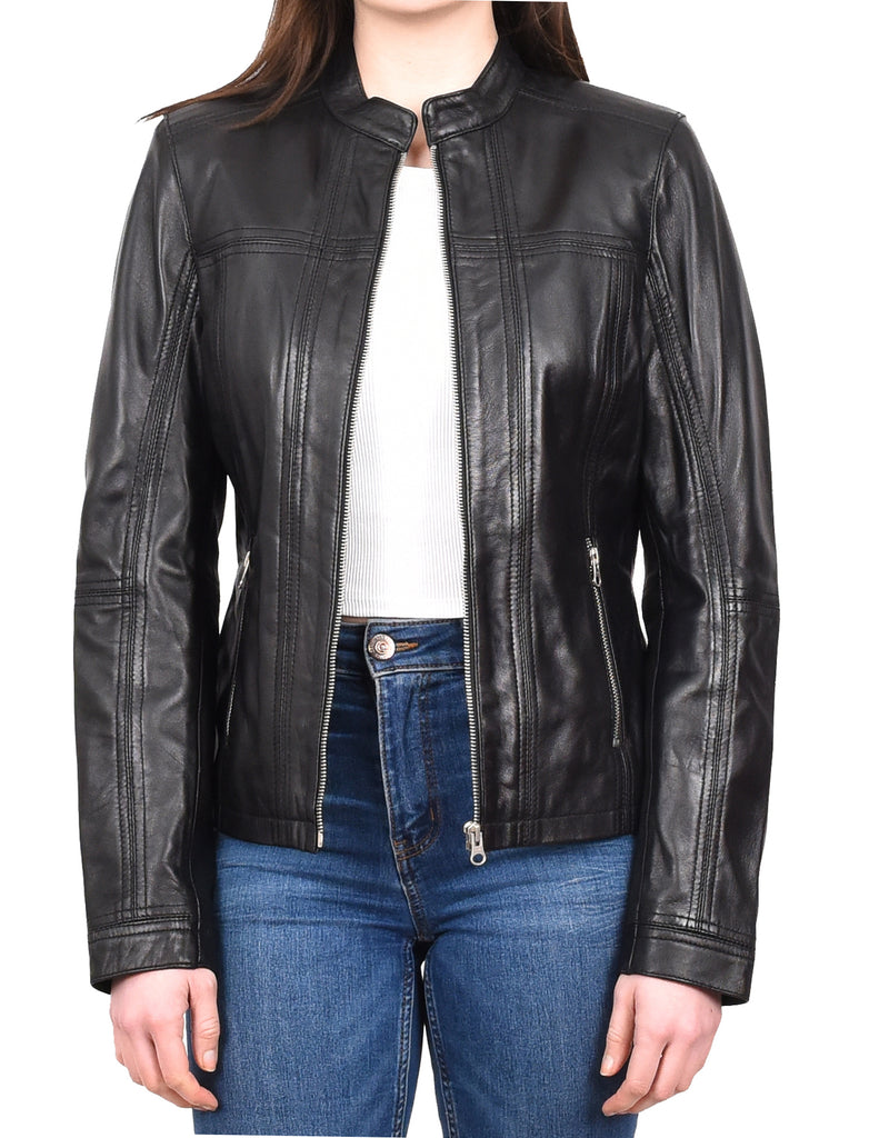 DR257 Women's Leather Classic Biker Style Jacket Black 5