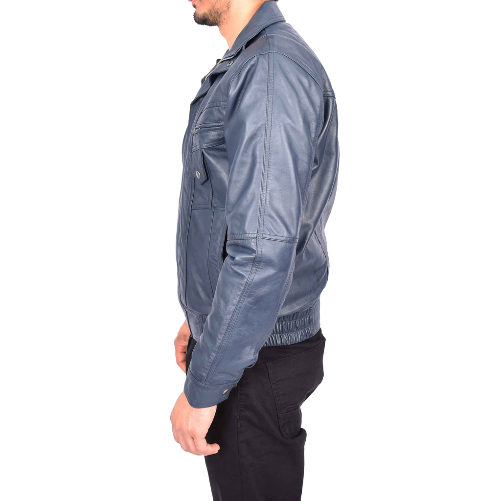 Men's Real Leather Classic Blue Jacket Bomber Blouson Style Errick-5