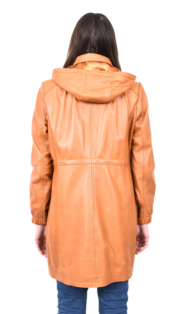 DR218 Women's Smart Long Leather Coat Hood Tan 5