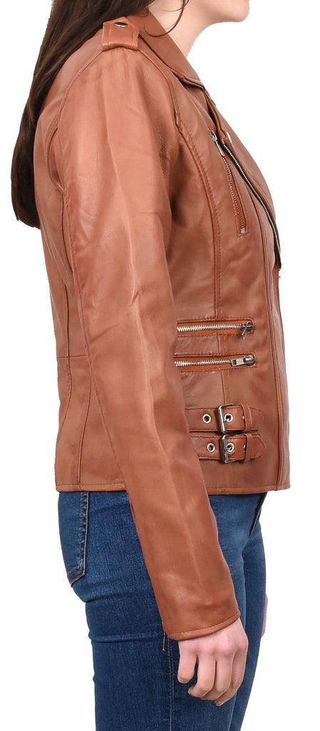 DR195 Women’s Trendy Biker Leather Jacket Cognac 5