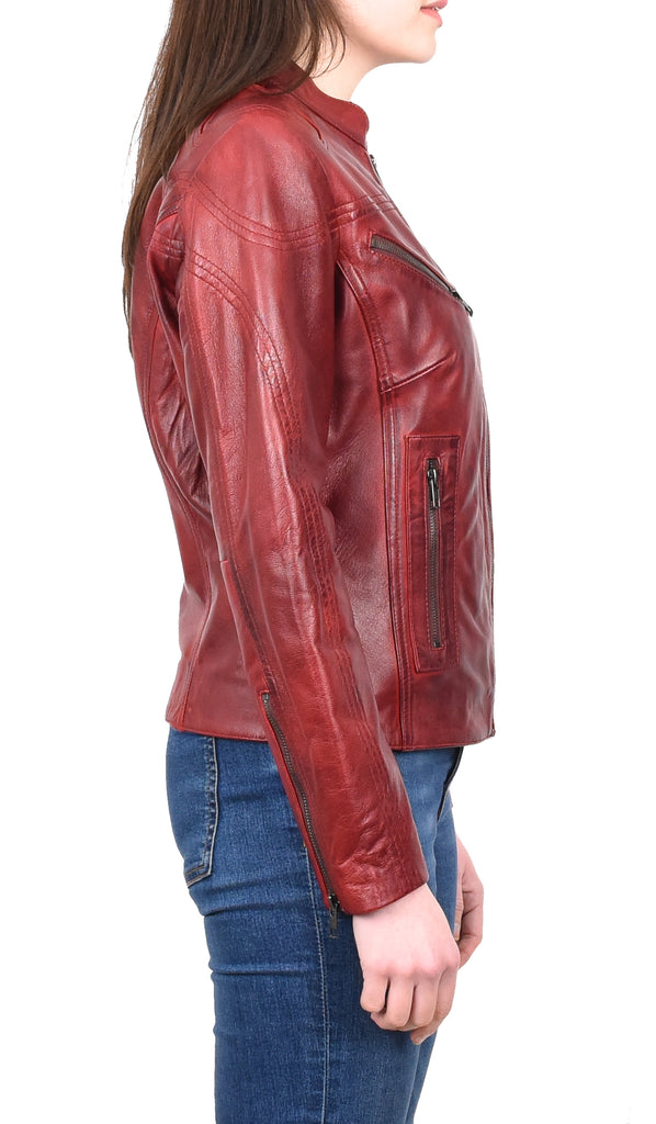 DR200 Ladies Classic Casual Biker Leather Jacket Barn Red 5