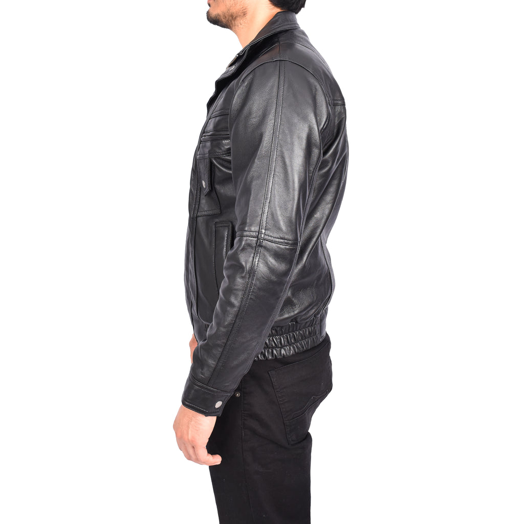 Men's Real Leather Classic Black Jacket Bomber Blouson Style Errick-5