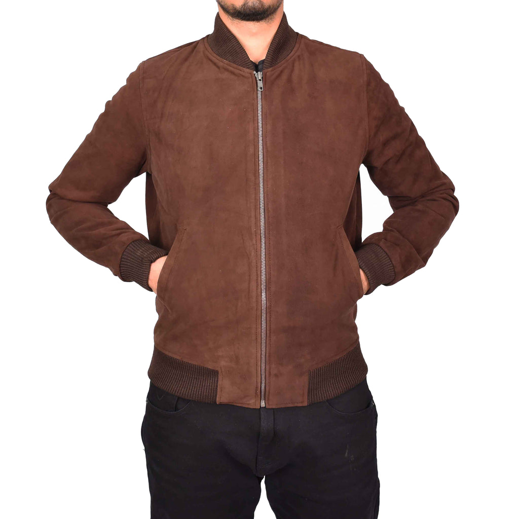 Men's Genuine Suede Leather Bomber Varsity Style Jacket Brown Raul-5