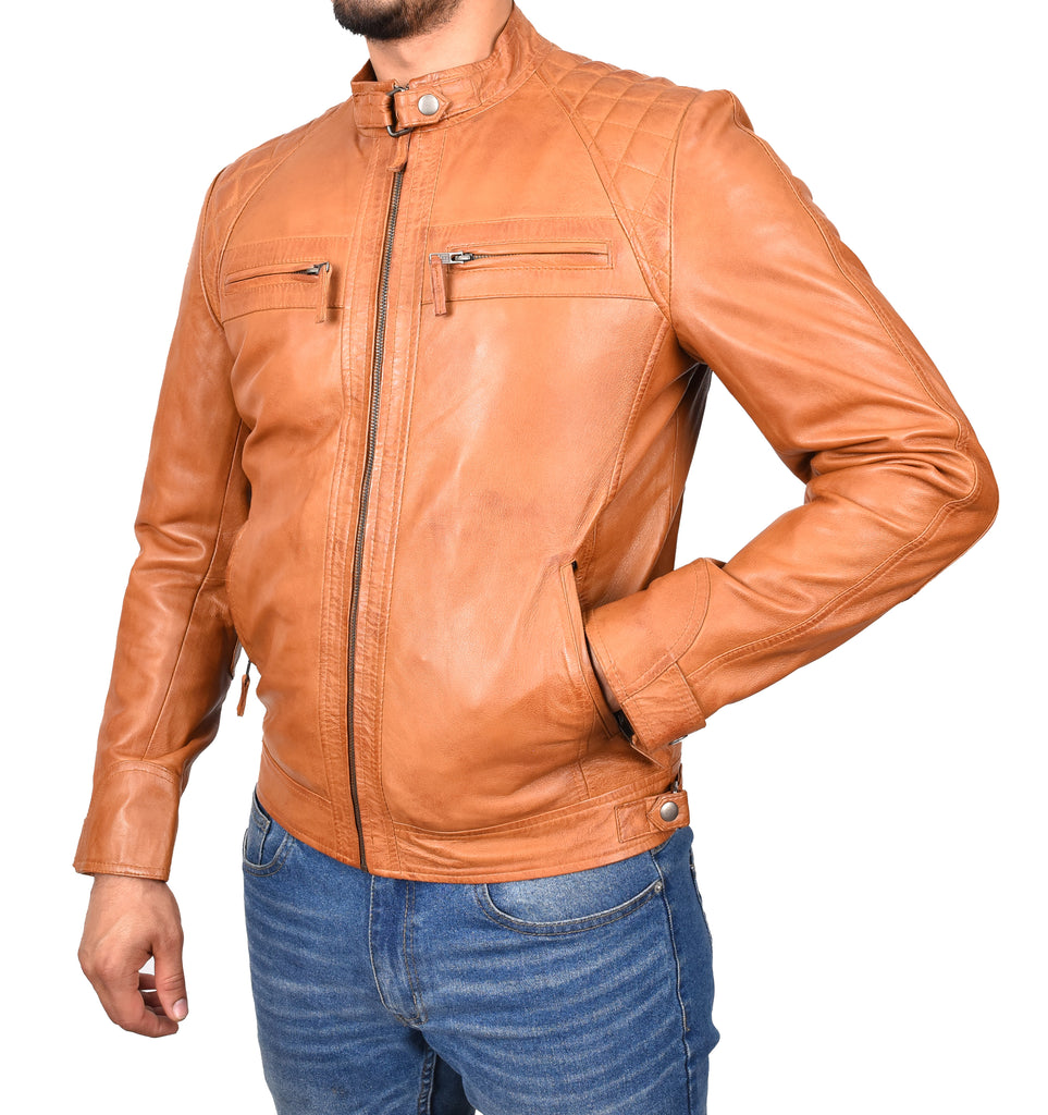 DR117 Men's Biker Leather Jacket Cognac 5