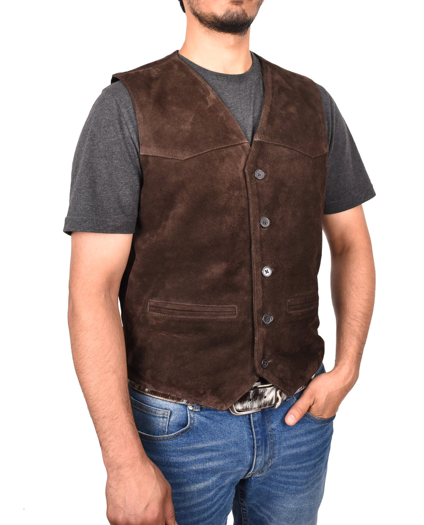 DR121 Men's Leather Suede Cowboy Waistcoat Brown 5