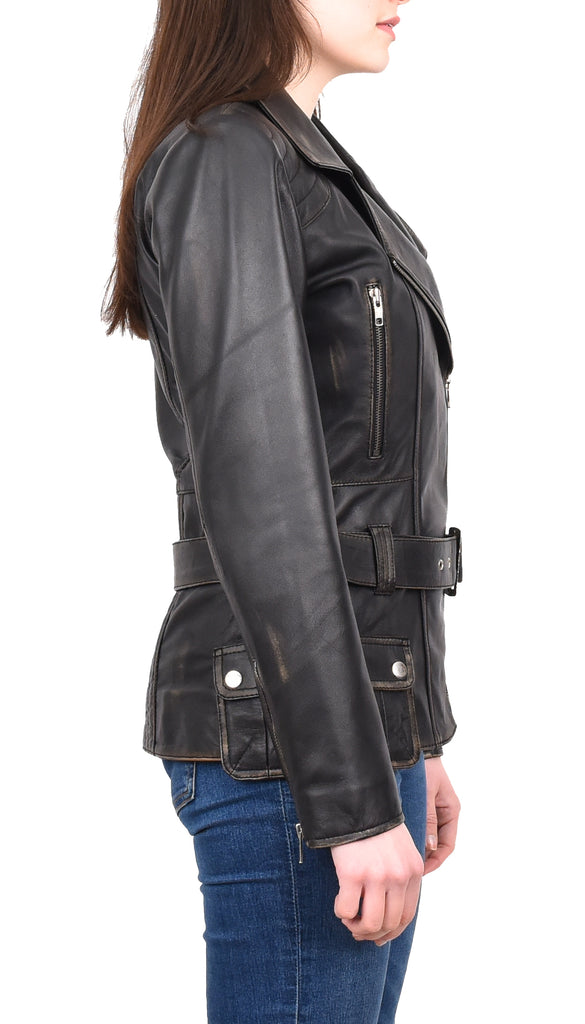 DR205 Women’s Slim Fit Cut Hip Length Biker Leather Jacket Rub off 5