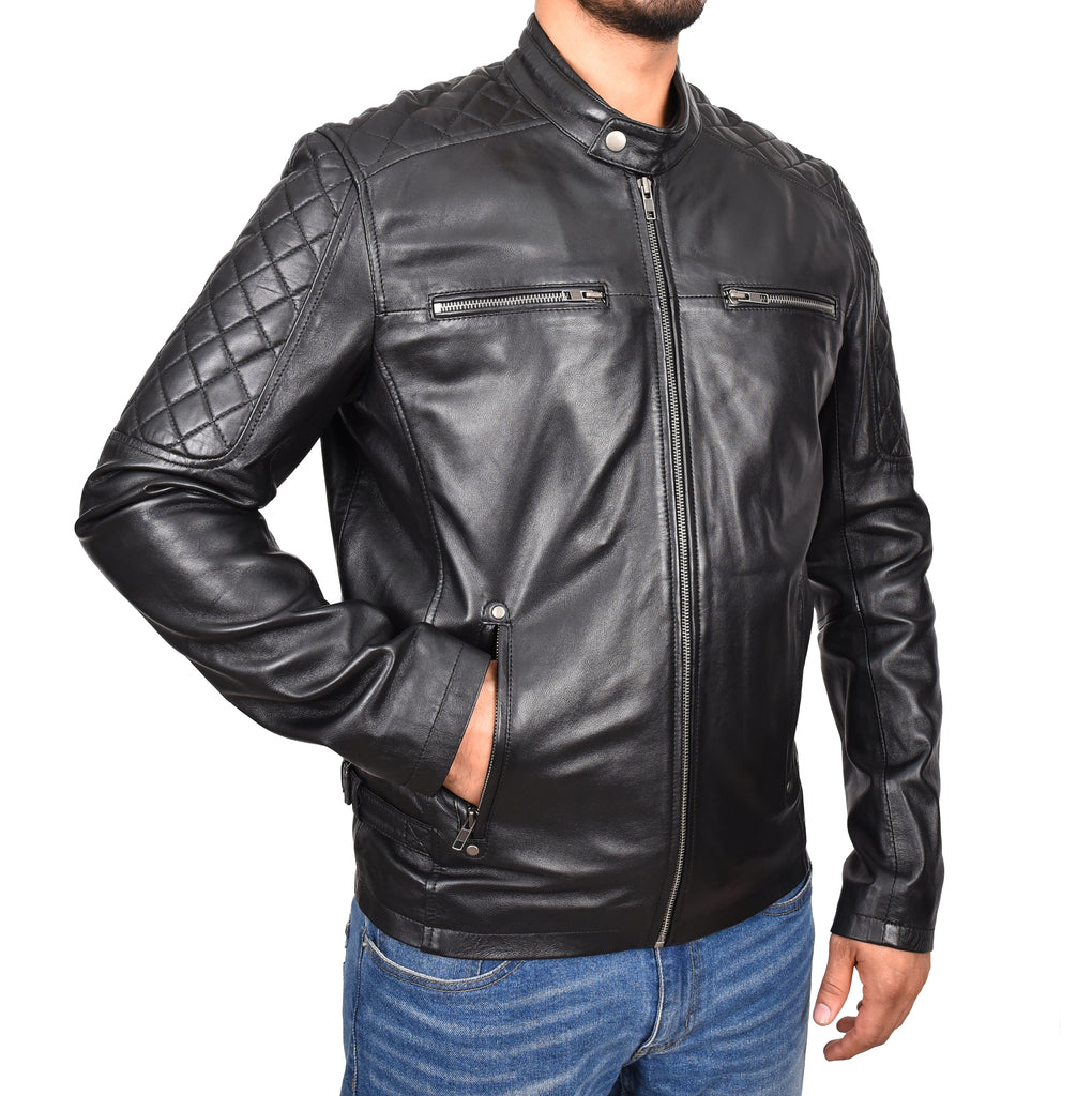 DR158 Men's Classic Quilted Biker Leather Jacket Black  5