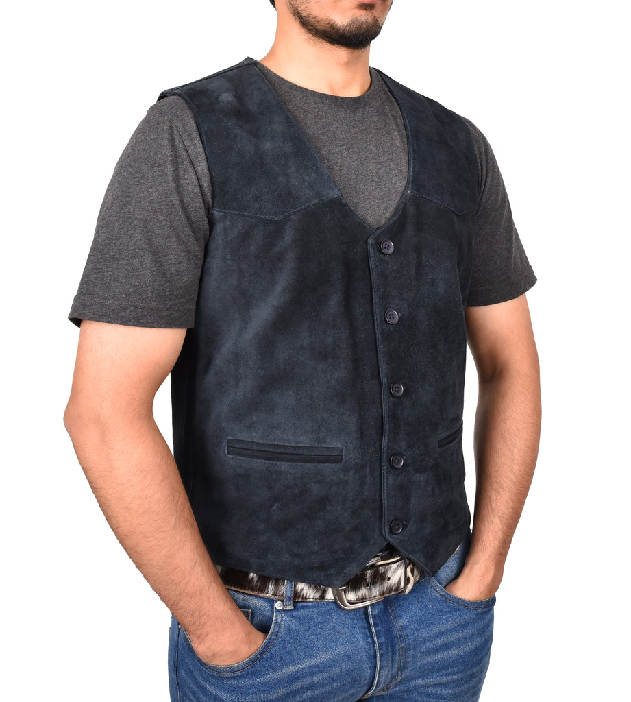 DR121 Men's Leather Suede Cowboy Waistcoat Navy 5