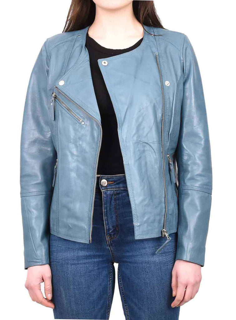 DR572 Women's Casual Cross Zip Leather Jacket Teal 5