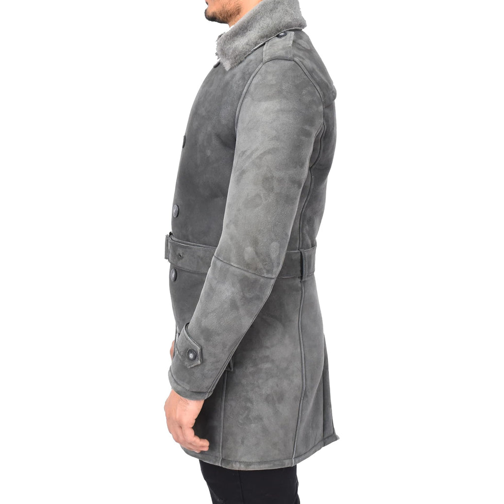 Mens Genuine Shearling Sheepskin Suede Pea Coat Classy ¾ Long Phillip Grey-5