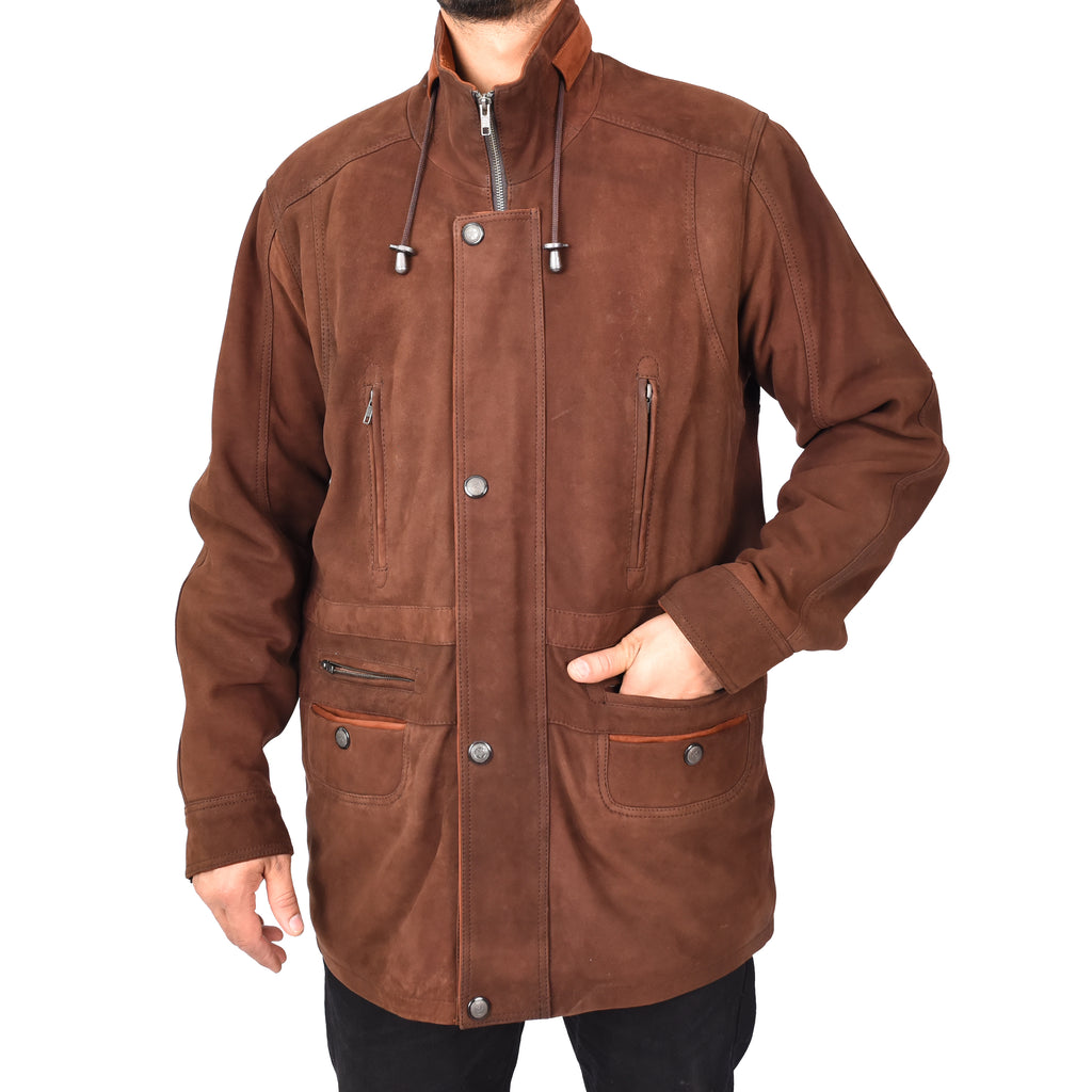 Gent's Classic Nubuck Leather Coat Mens Parka Style Jacket Brown Carlsen-5