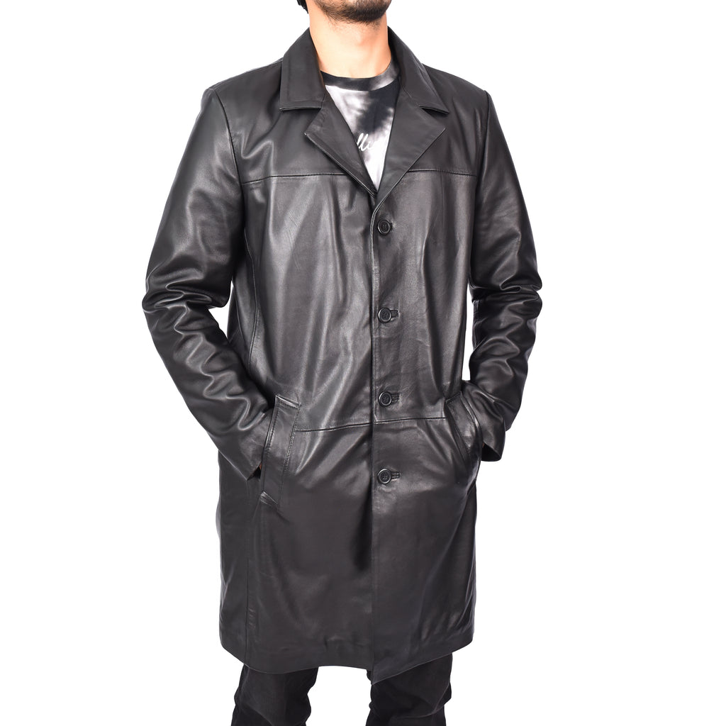 Men's Sheep Leather Coat Buttoned 3/4 Length Black Carson-5