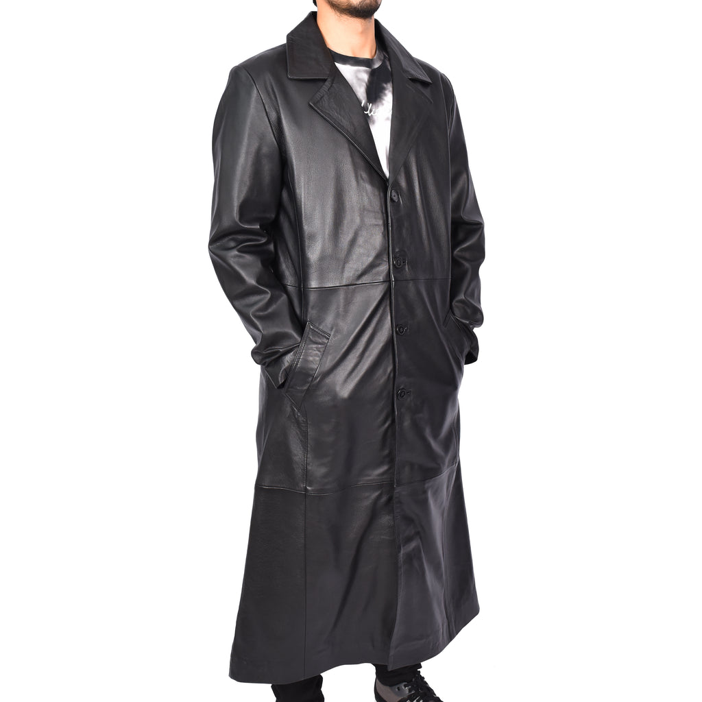 Men's Long Full Anchor Length Coat Real Sheep Leather Classic Black Rosco-5