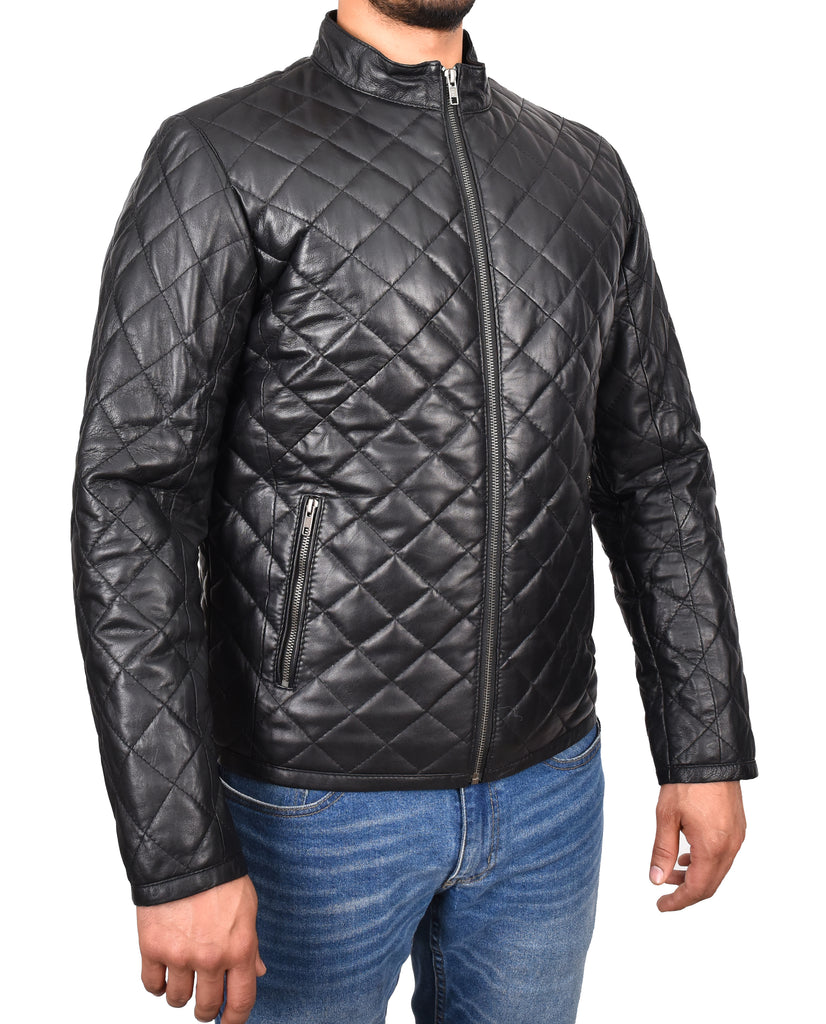 DR179 Men's Leather Puffer Jacket Padded Stand-Up Band Collar Black 5