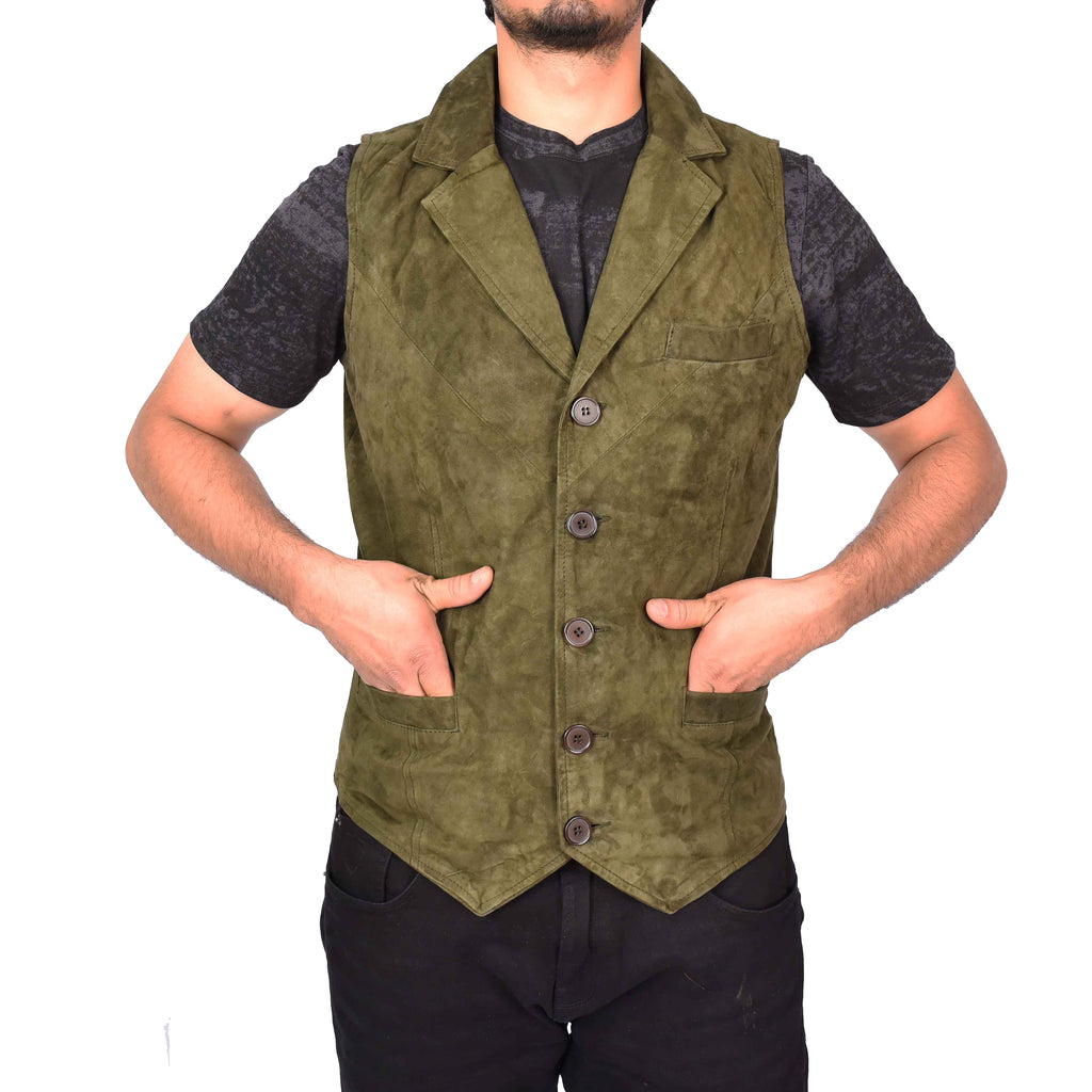 Men's Blazer Style Suede Leather Waistcoat Gents Vests Green Howie-5